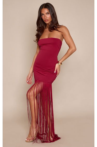 Deep Red Soft Touch Bandeau Fringe Maxi Dress