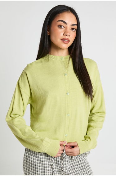 Crew Neck Button Up Cardigan - sage