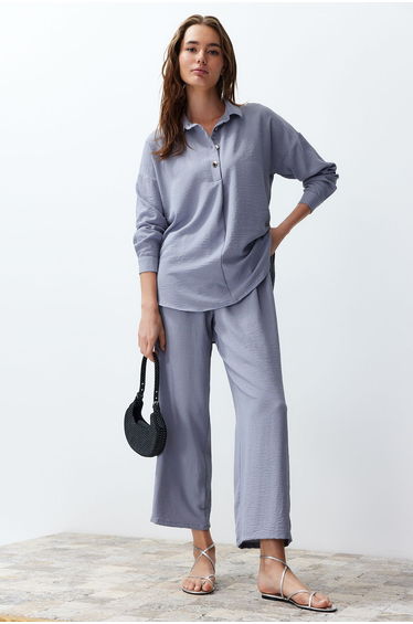 Gray Buttoned Woven Two Piece Set