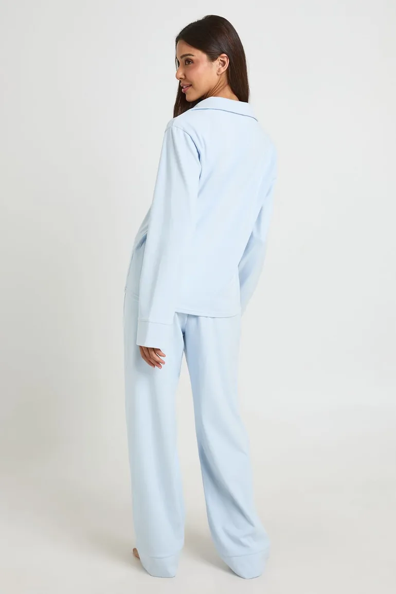 Brushed Jersey Long Sleeve Shirt & Trouser Pyjama Set - light blue - 1