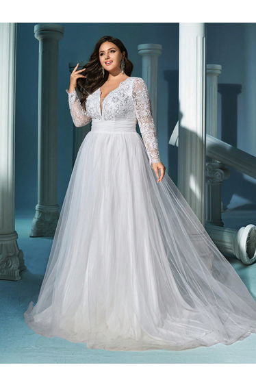 QOQ Romantic Plus Size Wedding Formal Dress Wedding Photos White Deep V Neck Lace Mesh Splicing Long Sleeve Wedding Gown