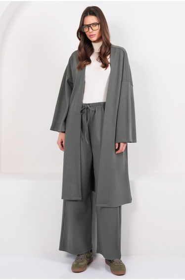 Women's Khaki Low Sleeve Long Kimono and Double Pocket Palazzo Pants Set