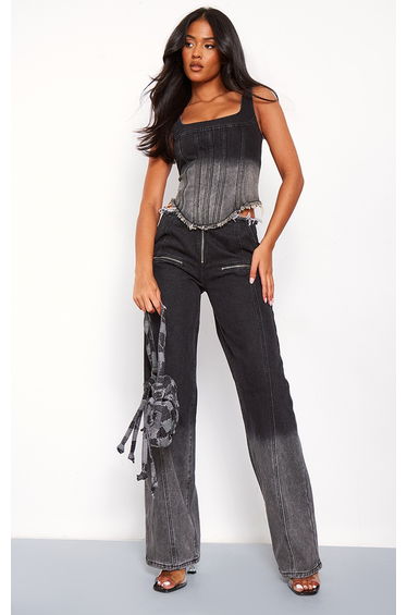 Tall Washed Black Frayed Waist Wide Leg Jeans