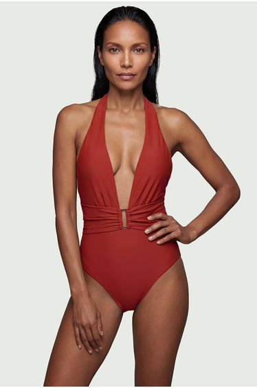 Halter Neck Hardware Detail Plunge Swimsuit