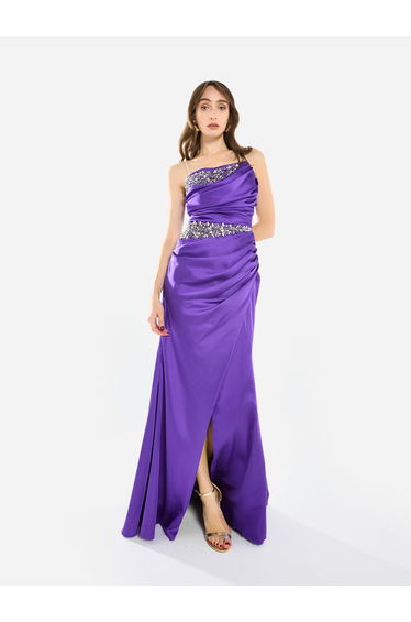 Women Embellished Draped Satin Slit Gown Maxi Dress
