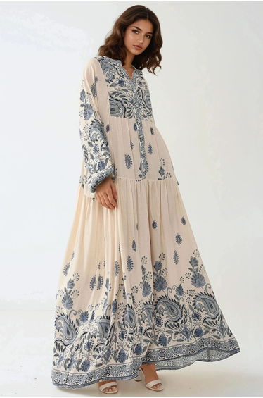 Printed V-neck Maxi Dress with Button Detail