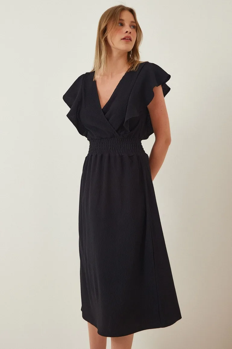 Black Column Midaxi Dress with Ruffles