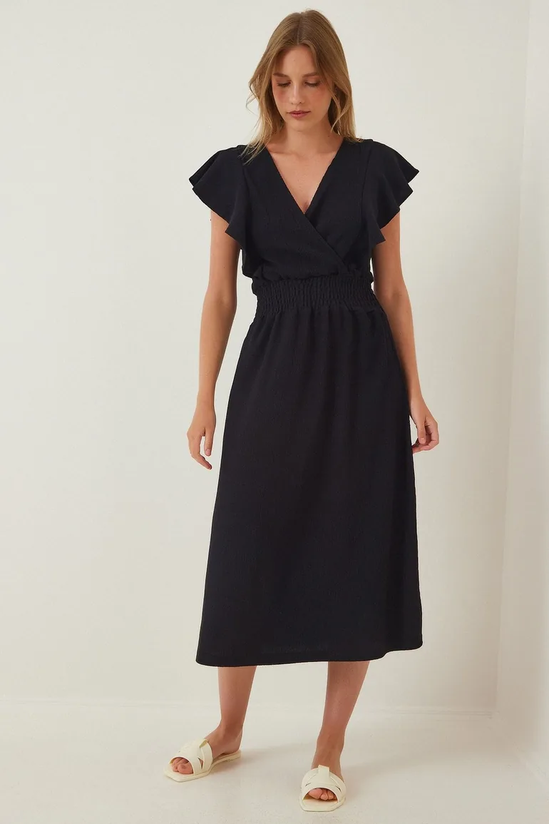 Black Column Midaxi Dress with Ruffles - 2