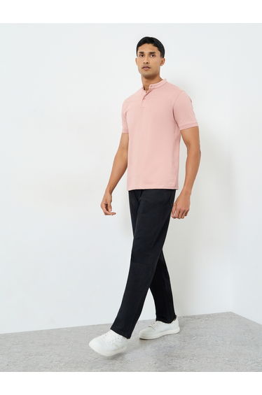 Men Pink Cotton Compact Jersey Mandarin Polo