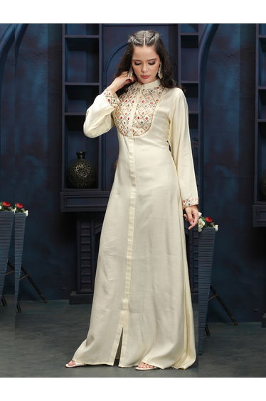 Cream Embroidered Neckline Jalabiya