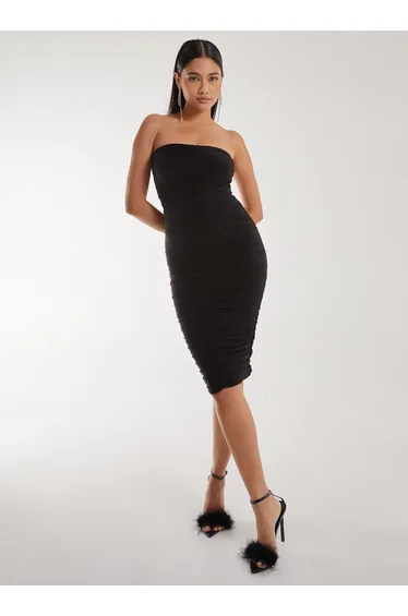 Strapless Ruched Slinky Midi Dress