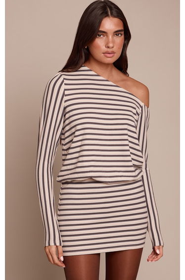 Blue Striped Asymmetric Long Sleeve Bodycon Dress