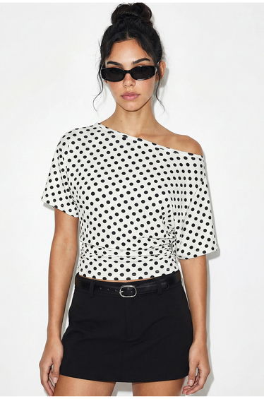 LUCCI Off-Shoulder Polka Dot Jersey Blouse
