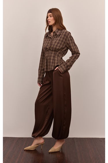 Brown Check Pleated Cinched Waist Shirt