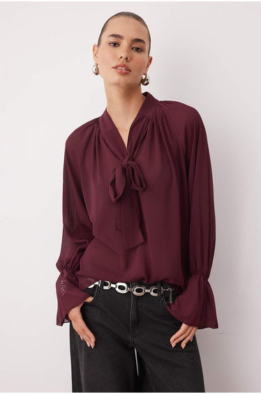 Dark Burgundy Plain Halter Neck Long Woven Chiffon Casual/Daily Blouse