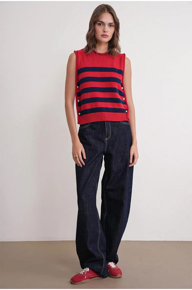 MIXRAY Striped Knit Top with Button Detail