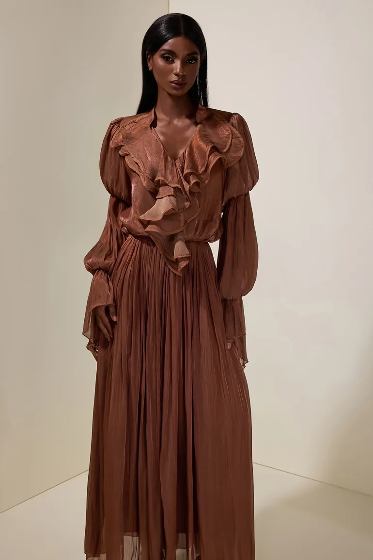 Satin V-Neck Ruffle Maxi Dress JardinVue Brown : Evening Dresses : VogaCloset Iraq Satin V-Neck Ruffle Maxi Dress JardinVue Brown : Evening Dresses : VogaCloset Iraq