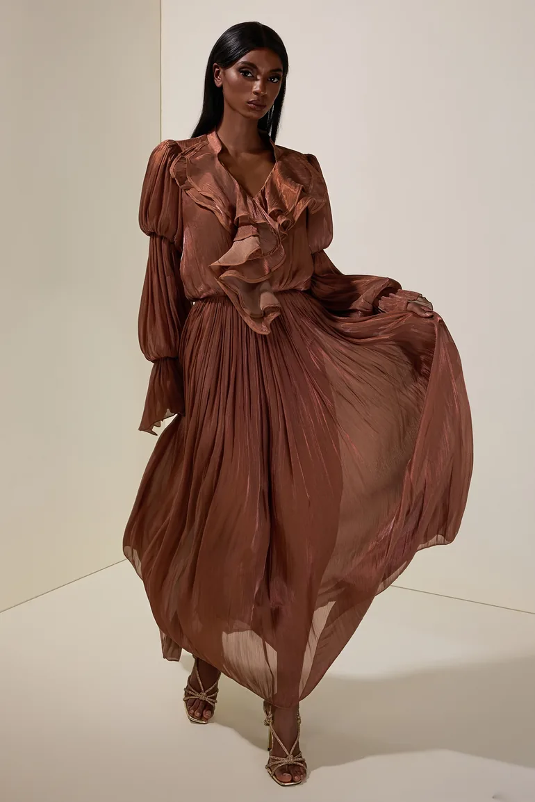 Satin V-Neck Ruffle Maxi Dress JardinVue Brown : Evening Dresses :  VogaCloset United Arab Emirates