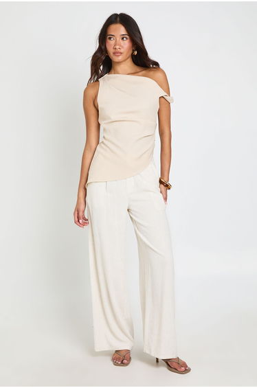 Woven Draped Asymmetric Top - beige