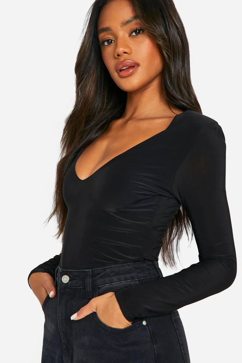Slinky Plunge Front Long Sleeve Shoulder Pad Bodysuit - 3