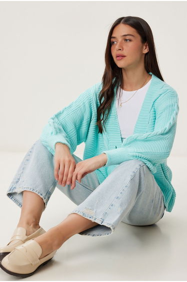Women's Water Green Braided Balloon Sleeve Loose Knitwear Cardigan
