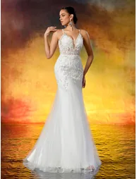 Leely Elegant Spaghetti Straps Lace Embroidery Appliqué Mermaid Tulle Wedding Dress - 2