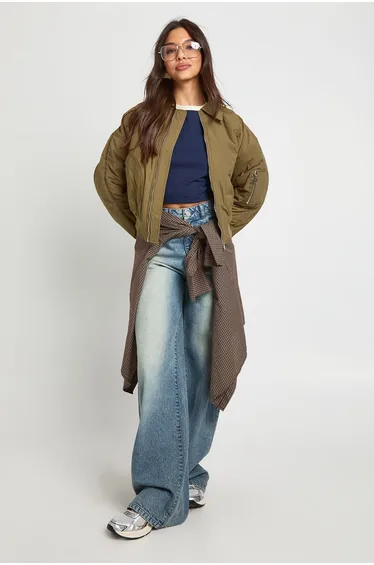 Ruched Sleeve Bomber Jacket - khaki