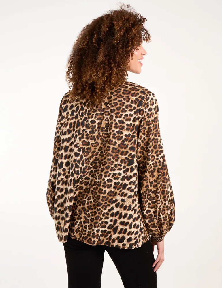 Leopard Print Shirred Front Tie Neck Blouse - 4