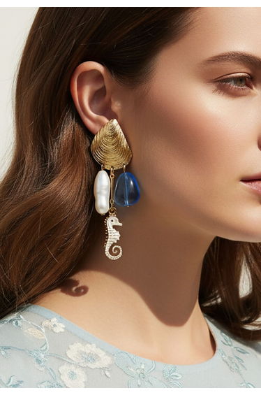 Seahorse Baroque Pearl Shell Drop Earrings for Beach Weddings & Vacation Looks