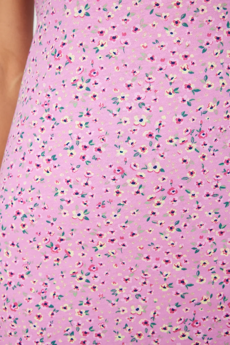 Pink-Multicolor 100% Cotton Floral Single Jersey Knitted Nightgown - 2