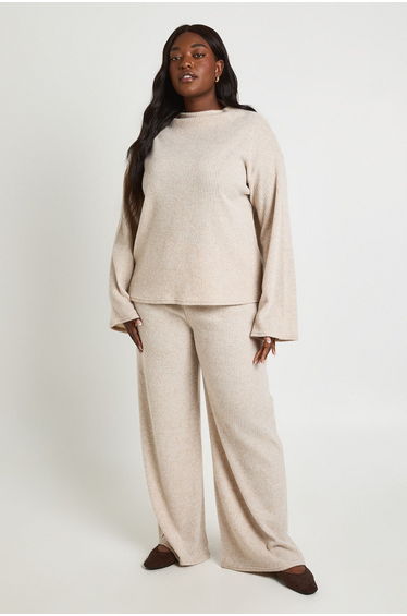 Plus Brushed Rib High Neck Boxy Top & Trouser Co Ord - stone