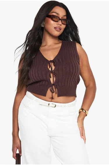 Plus Knitted Tie Detail Waistcoat - chocolate