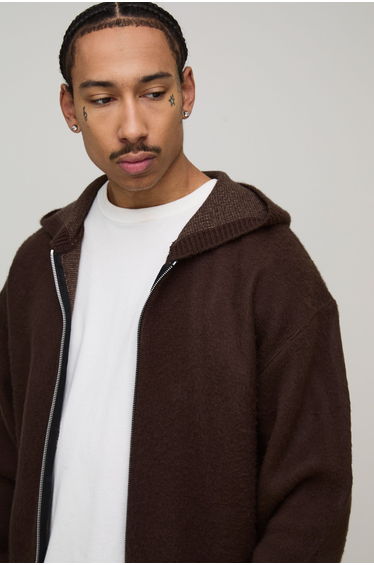 Boxy Brushed Zip Thru Jacquard Knitted Hoodie - chocolate