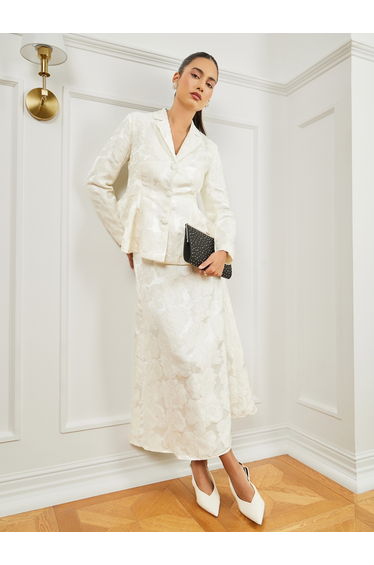 Cream Jacquard Peplum Blazer with Buttons