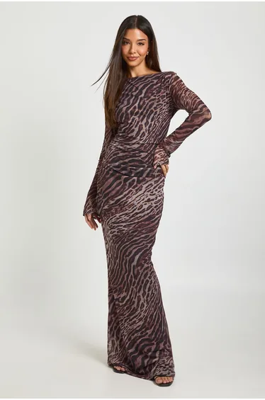 Leopard Print Mesh Slash Neck Flare Sleeve Maxi Dress - leopard
