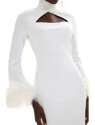 فستان ميدي بياقة عالية مزين بالريش - أبيض - 12