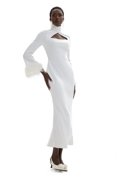 Noémie Feather High Neck Midi Dress in White