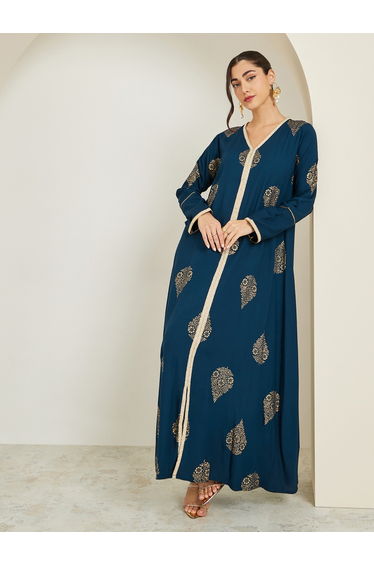 Women Navy Blue Foil Print A-Line Jalabiya