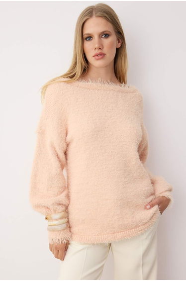 Powder Fuzzy Turn-down Collar Knitwear Sweater