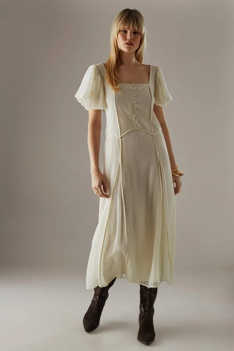Dobby Chiffon Button Bodice Godet Seam Midaxi Tea Dress Warehouse Cream :  Day Dresses : VogaCloset Oman