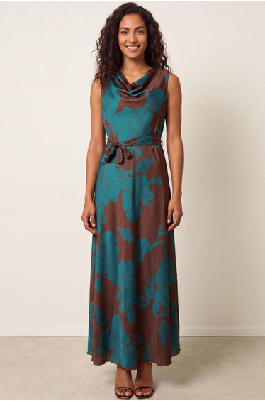Floral Satin Cowl Neck Dress