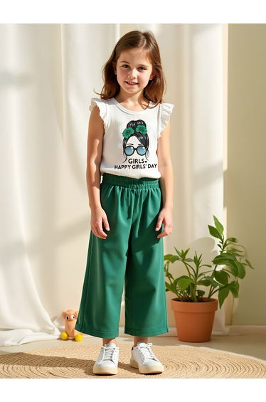 Kids Green Printed T-Shirt and Wide Leg 2pcs Pant