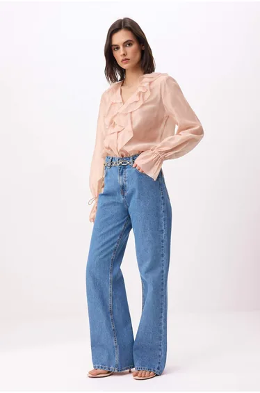 Blue High Waist 100% Cotton Wide Leg Jeans