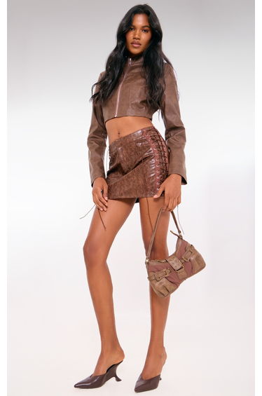 Rust Faux Leather Lace Up Detail Micro Mini Skirt