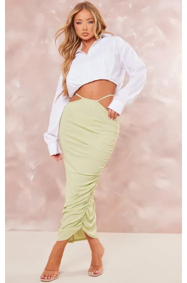 Green Sparkle Jersey Tie Waist Ruched Midaxi Skirt