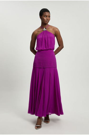 Petite Viscose Georgette Drop Hem Woven Halter Neck Maxi Dress