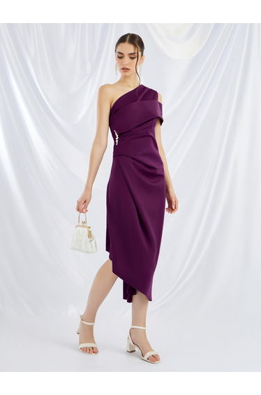 Embellished One Shoulder Asymmetric Hem Midi Dress