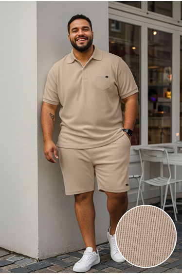 Camel Regular Cut Textured Polo Collar T-Shirt-Shorts Large Size Tracksuit Set