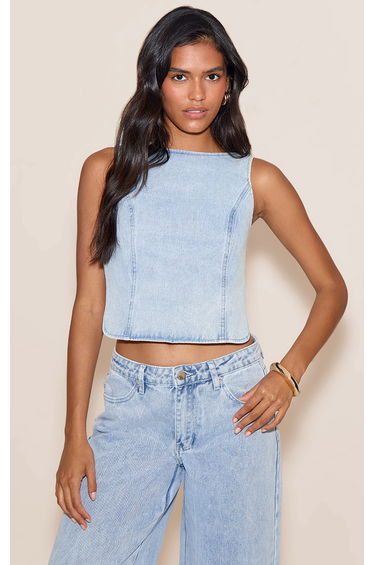 Light Blue Tie Back Sleeveless Denim Top