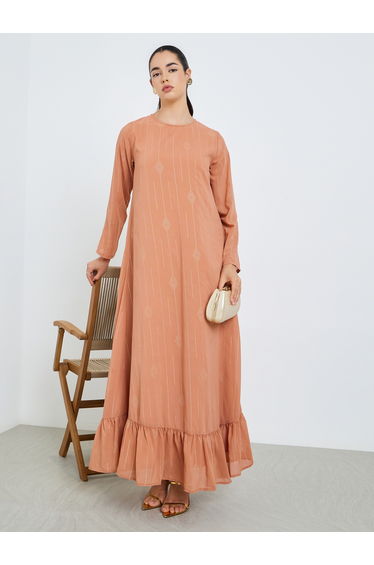 Women Peach Ruffled Hem Maxi Jalabiya